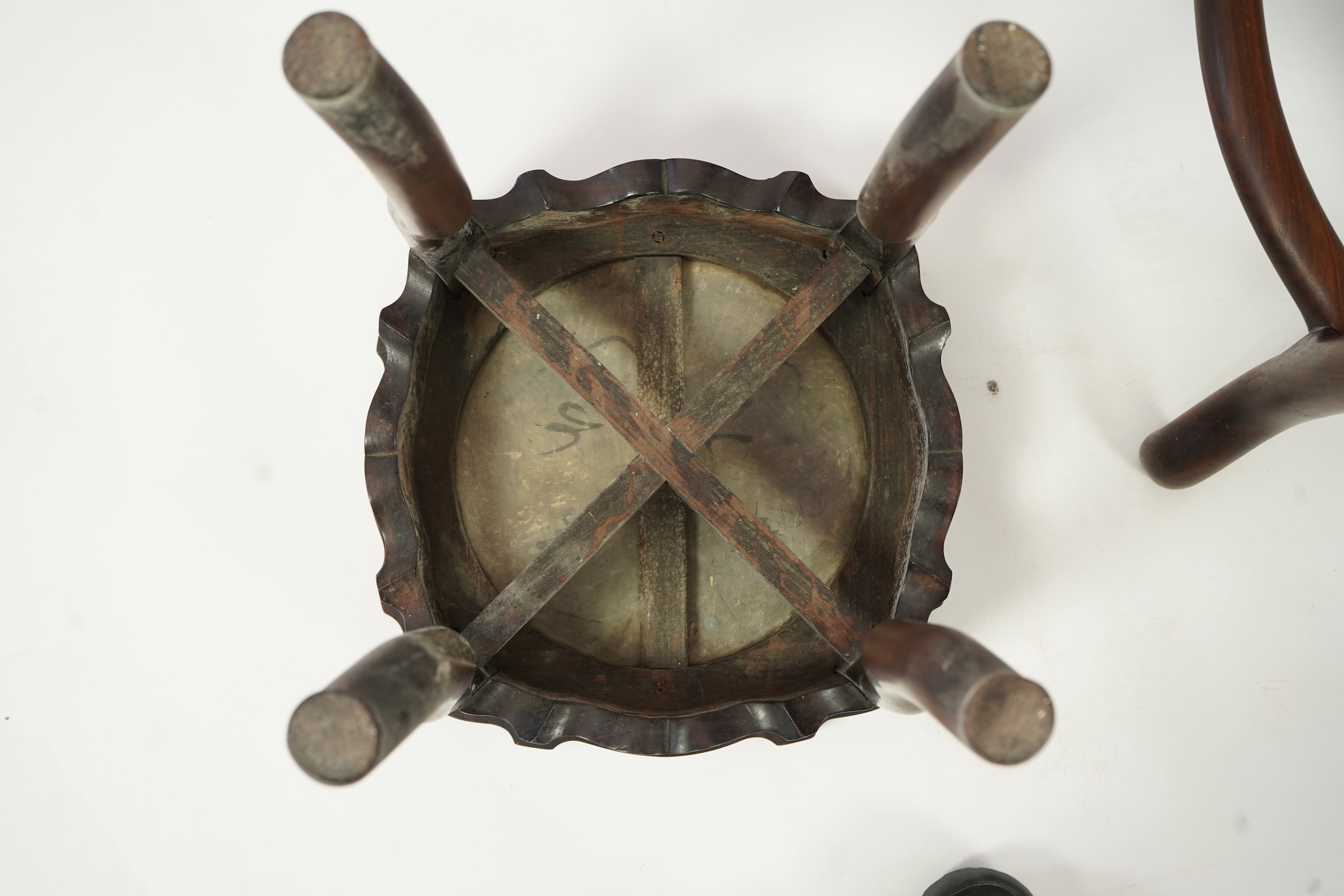 A Chinese dreamstone marble inset hongmu table and four matching stools